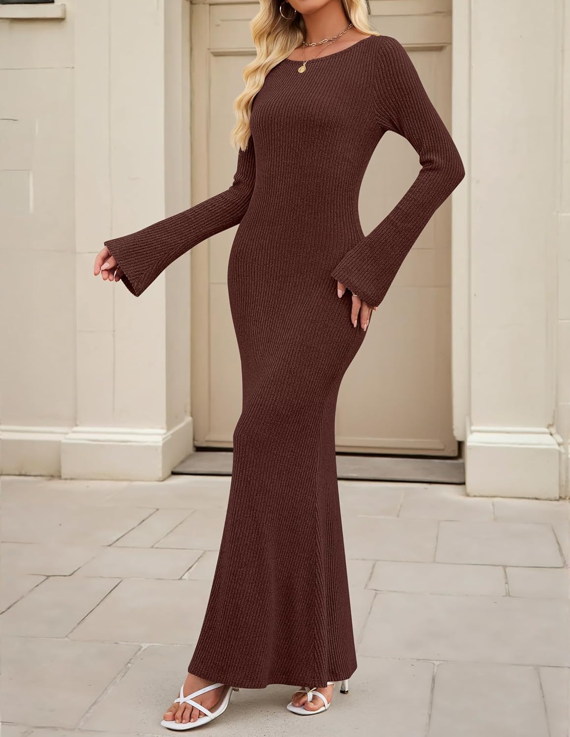 ZESICA Women's 2026 Fall Bodycon Sweater Dress Long Sleeve Boat Neck Ribbed Knit Wedding Guest Cocktail Maxi Dresses - Image 3