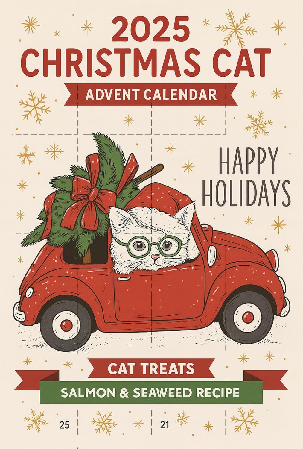 2025 Christmas Cat Advent Calendar with Salmon and Seaweed Treats, 24-Day Holiday Pet Gift Box, Festive Cat Food Calendar