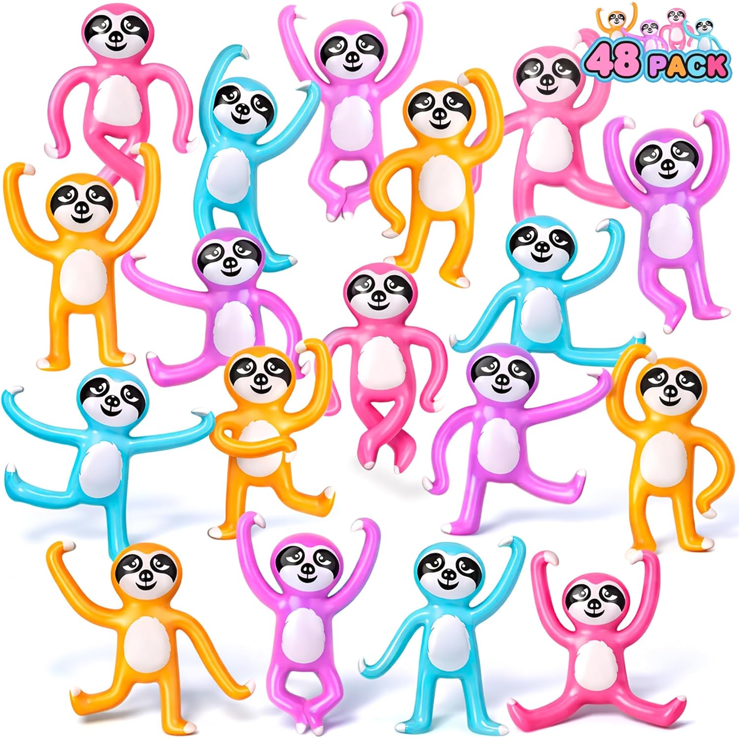 ArtCreativity Mini Bendable Sloth Toys, Set of 48, Bendable Animal Toys for Kids in Assorted Colors, Portable Stress Relief Toy for Kids, Fidget Toy for Boys and Girls and Zoo Party Favors