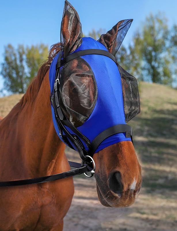 Máscara contra Moscas para Cavalos com Orelhas, Tela Respirável e Proteção UV HackFond Azul Royal – Tamanho Médio (Cob)