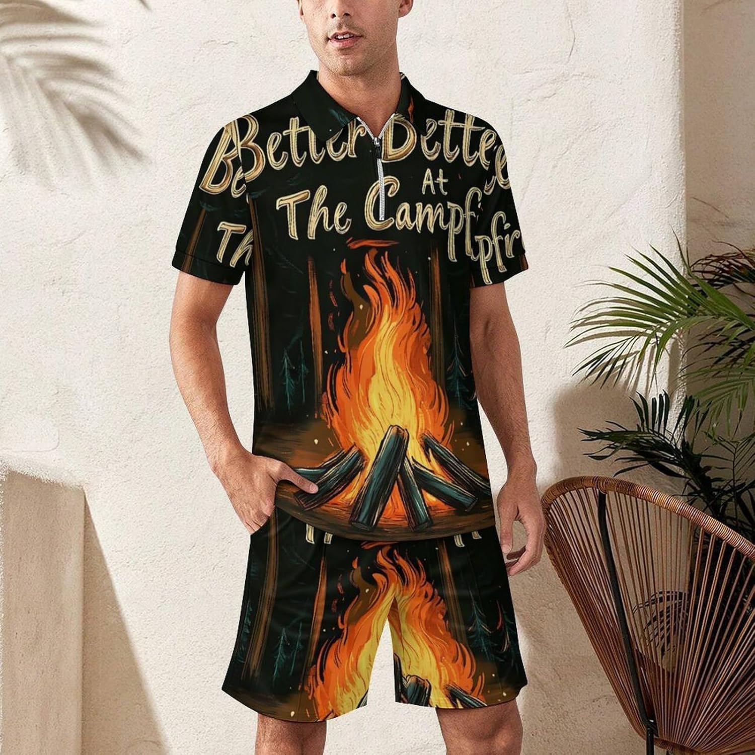 Fire Pit Camping Mens Polo Shirts Track Suits 2 Piece Short Sleeve Sweatsuit 1/4 Zip Golf Loungewear for Sports