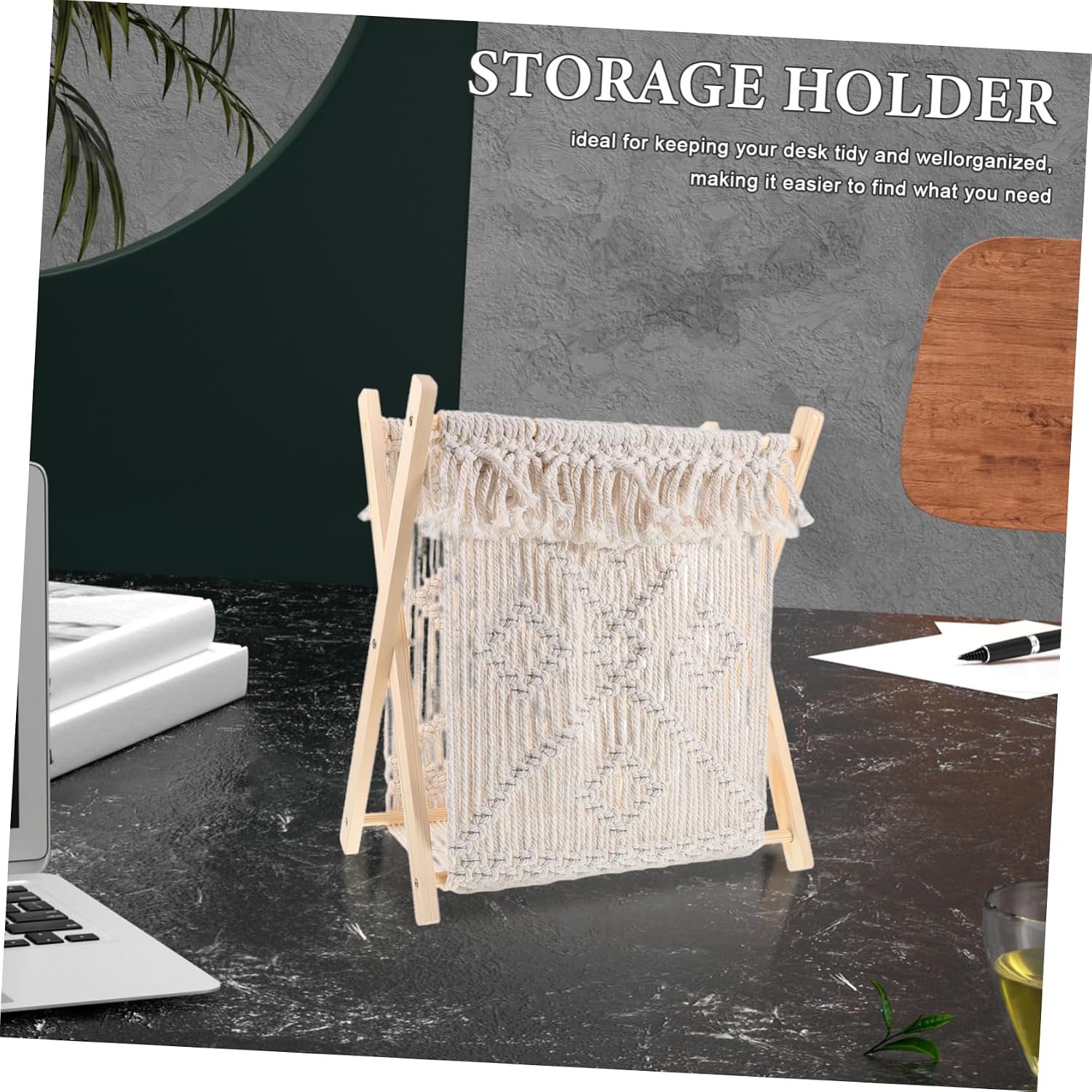 Macrame Magazine Holder Handmade Cotton Rope Storage Basket for Organizing Magazines Books and Documents Boho Style Desktop Organizer for Home and Nursery Decor