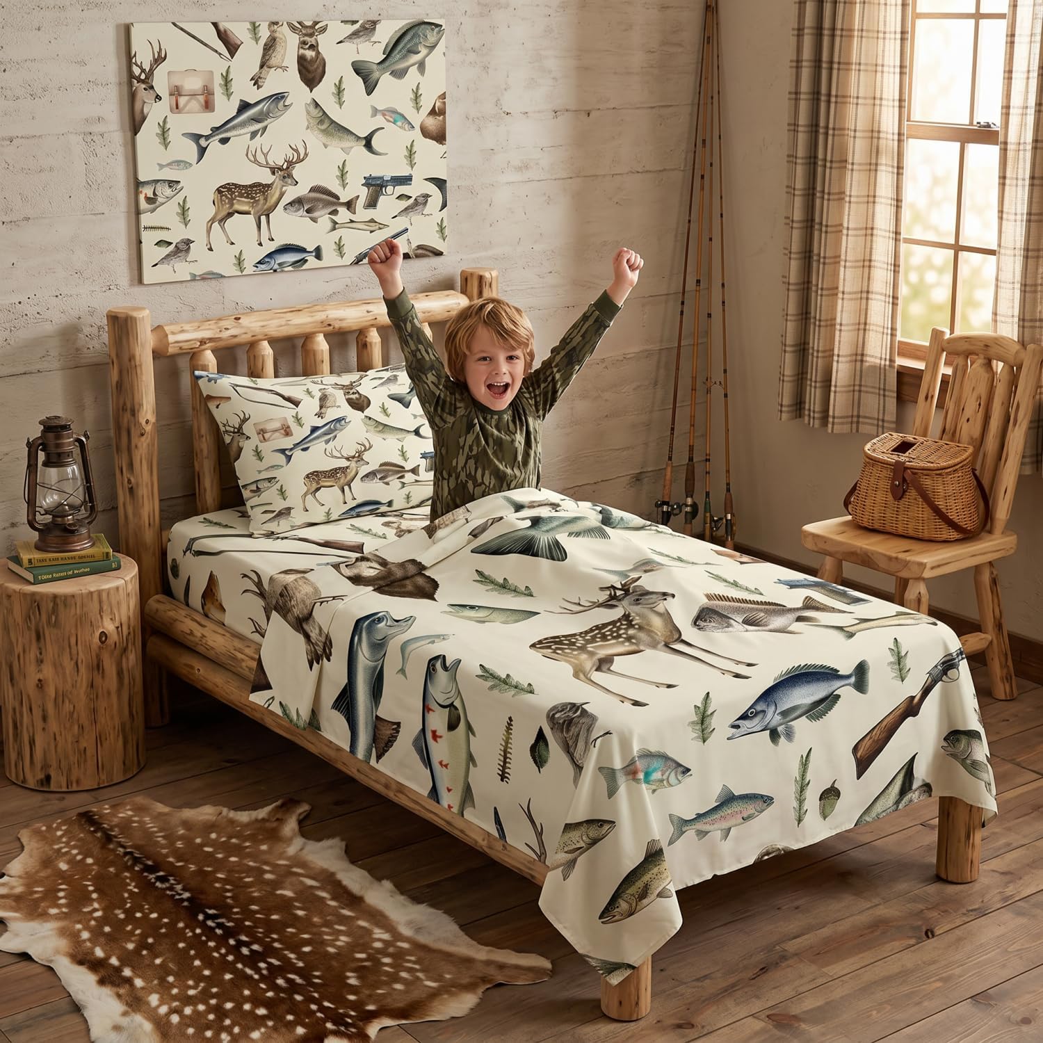 Erosebridal Hunting and Fishing Twin Bedding Set,Deer Hunting Bed Sheets for Kids Boys Girls,Big Bass Pike Fish Fitted Sheet Set,Rustic Cabin Lake House Sheets Room Decor with 1 Pillowcase