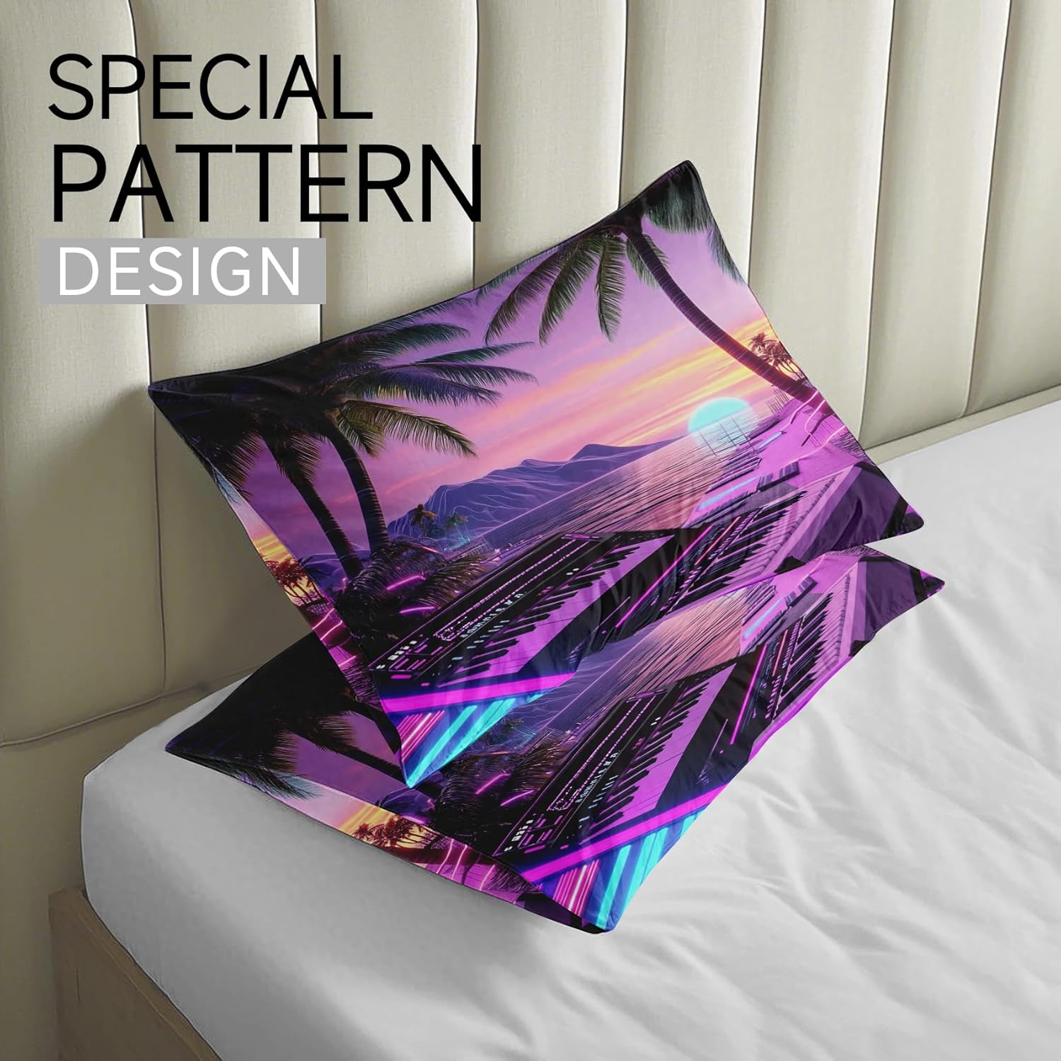 Vaporwave Duvet Cover Set Queen Size - Neon Beach Bedding Set with Zipper Closure, Tropical Ocean Sunset Duvet Cover 3 Pieces, Soft Microfiber Comforter Cover with 2 Pillow Shams