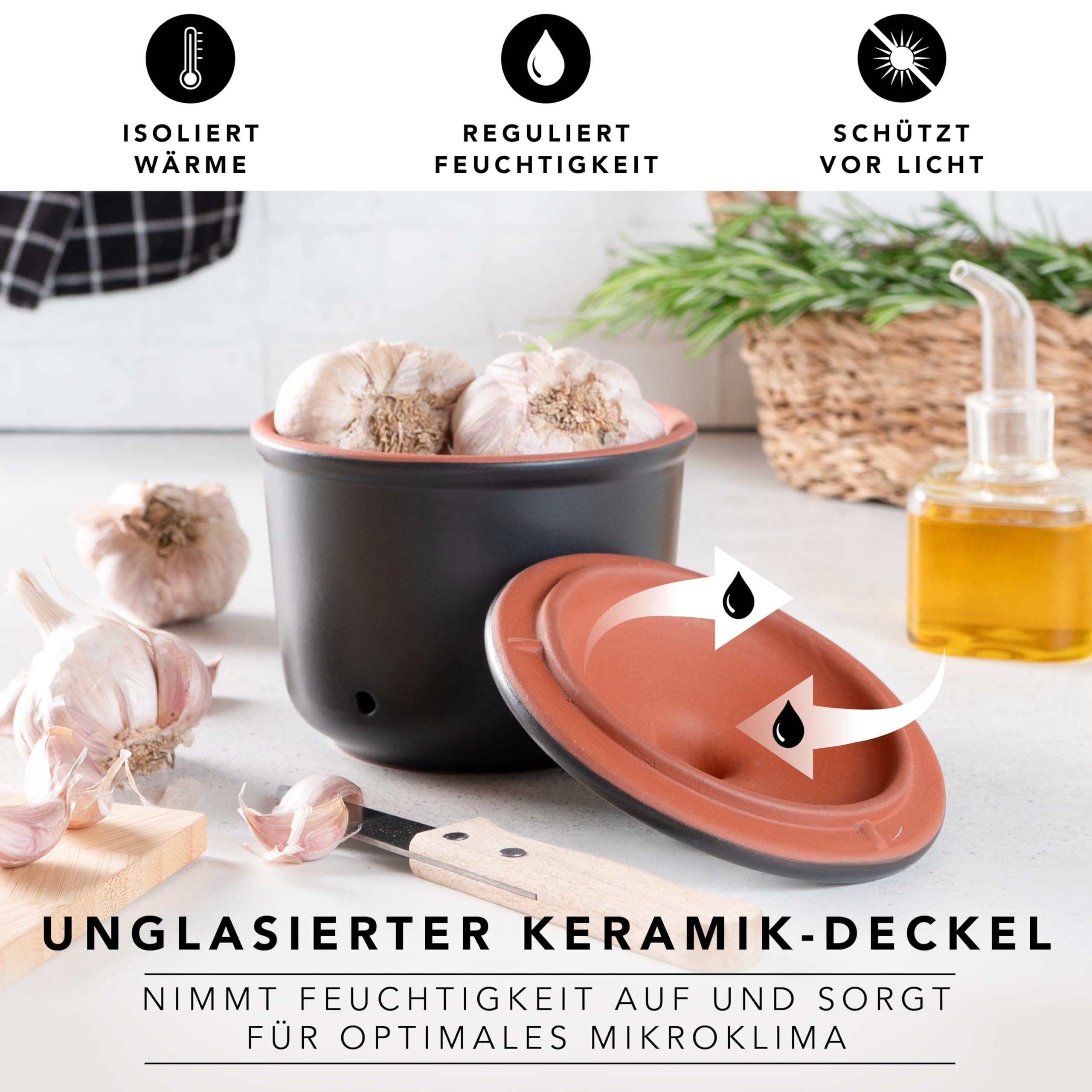Römertopf Contenitore per Aglio 0,6 Litri in Ceramica – Conserva Aglio Fresche più a Lungo, Traspirante e Areato, Nero, tradizione dal 1967
