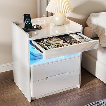 Vlsrka LED Nightstand with Charging Station, Card Lock Hidden Drawer, White