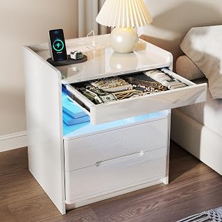 Vlsrka LED Nightstand with Charging Station, Card Lock Hidden Drawer, White | High Gloss Night Stand, 3-Color Dimmable Lights, USB Type-C Ports, 2 AC Outlets, Modern Bedside Table with Storage