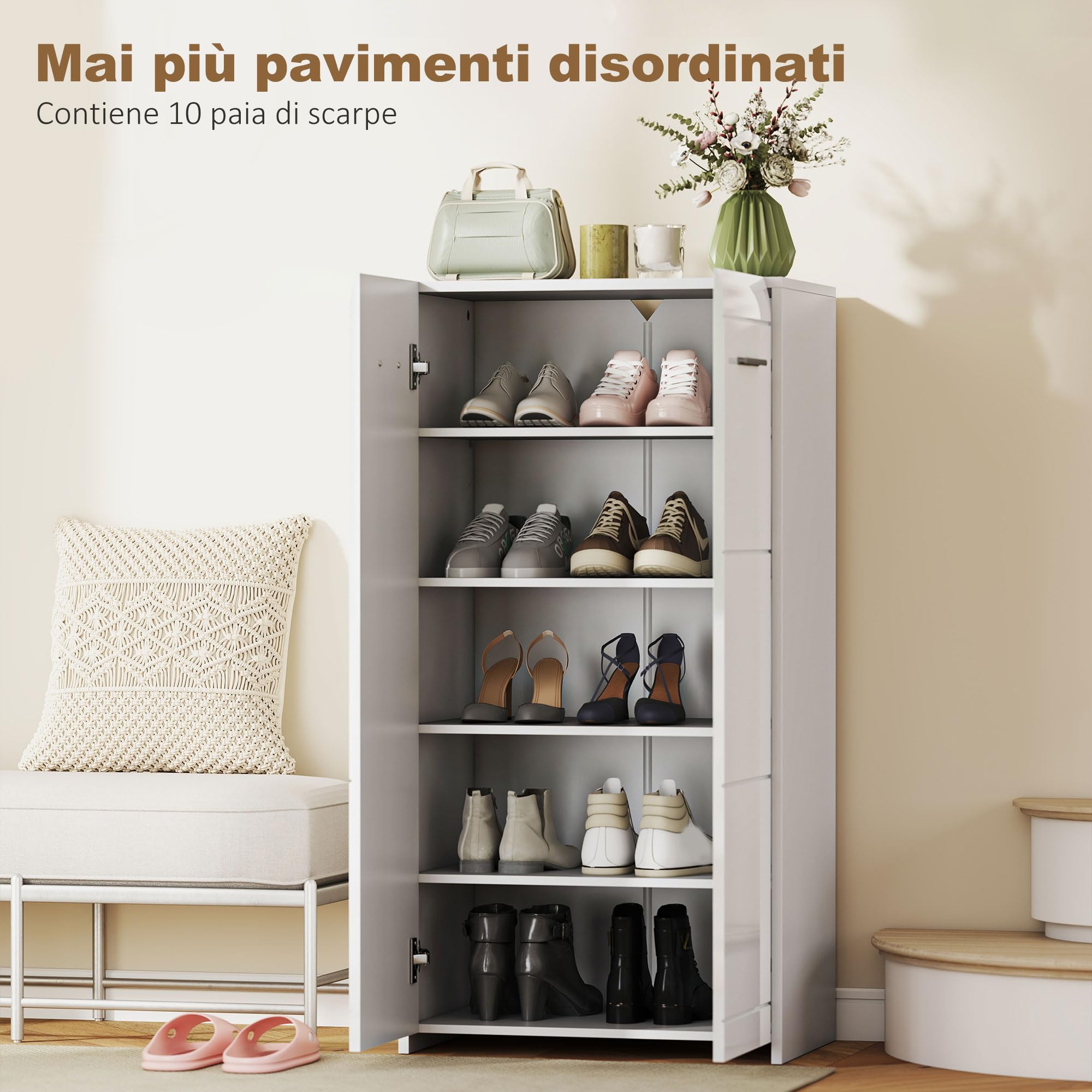 HOMCOM Scarpiera Ingresso con 5 Ripiani, Scarpiera Armadio Moderno a 2 Ante con Ripiani Regolabili Rimovibili, Porta Scarpe Salvaspazio per 10 Paia per Corridoio, 55x36x108 cm, Bianco Lucido
