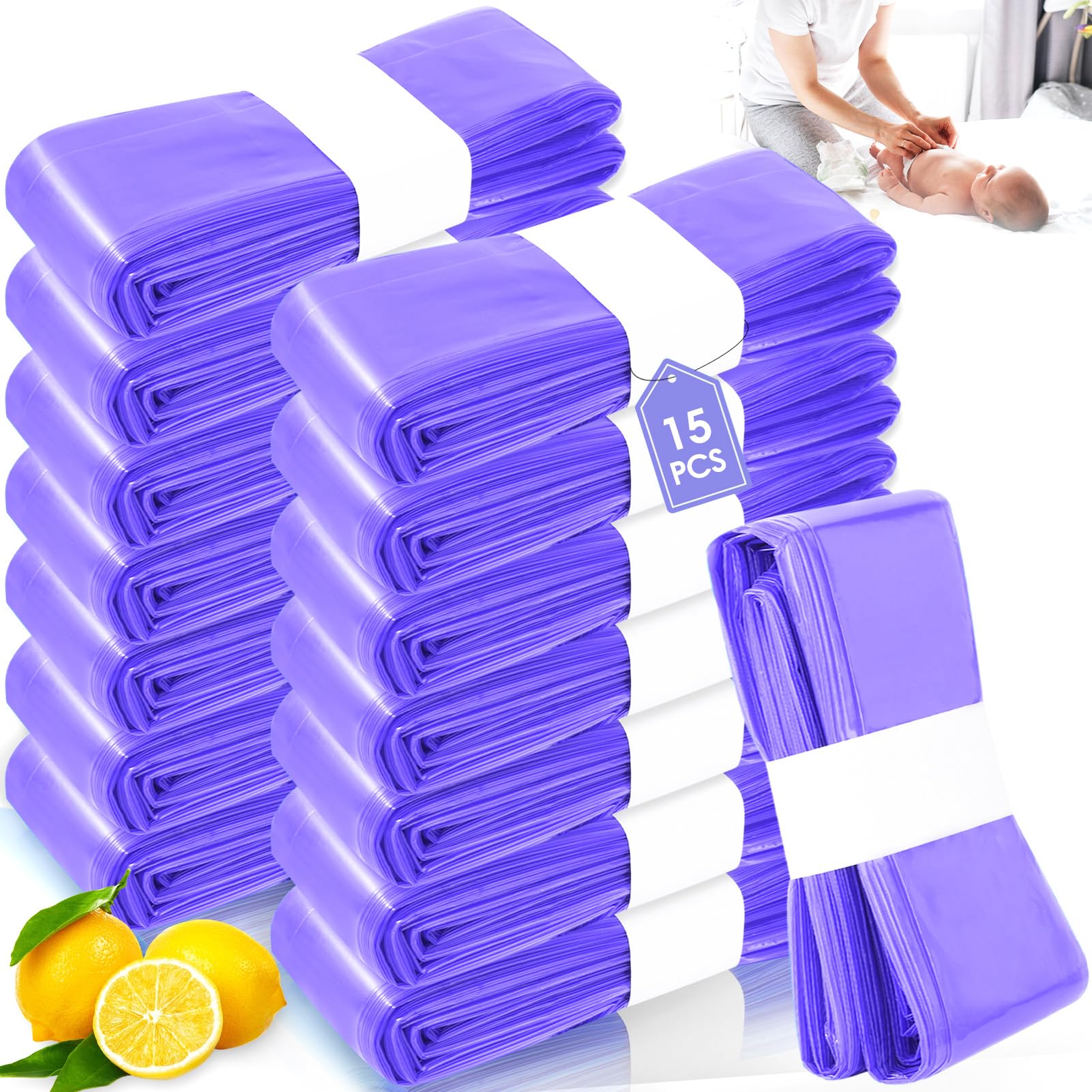 15 Stück Windeleimer Cinnani Nachfüllbehälter für Windeln, 4,5 m, Ersatz für Windeleimer, kompatibel mit allen, Violett (ohne Füllkartusche)