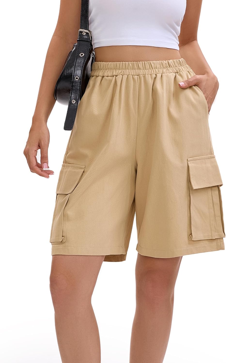Kisswow Cargo Shorts Women Summer Casual Bermuda Shorts for Women Utility 6 Pockets Elastic Waist Loose Fit Outdoor