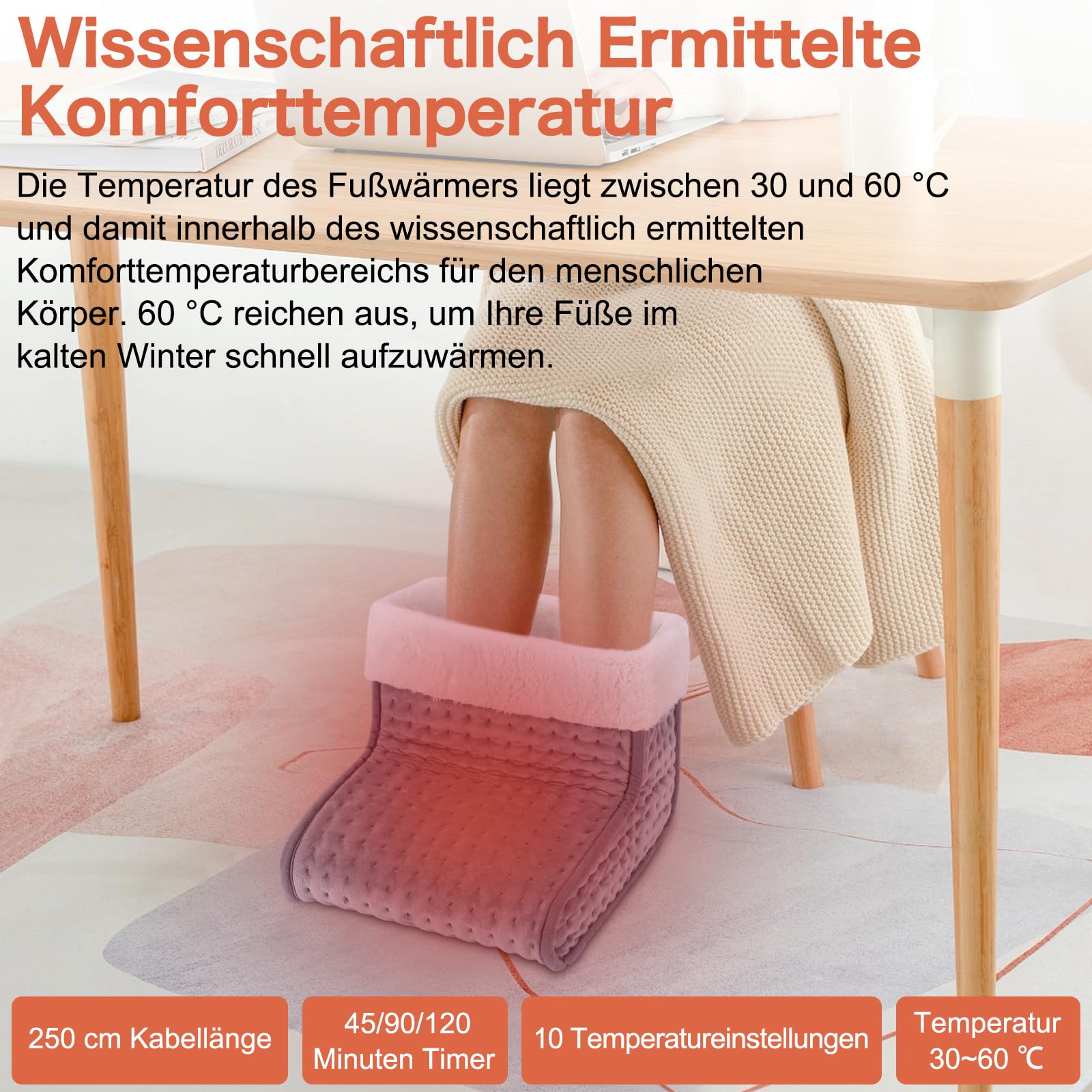 DEWEL Grau Fußwärmer Elektrisch, Fusswärmer Schnelle Erwärmung mit 2,5M Kabellänge | 10 Temperaturstufen | Waschbares Innenfutter, fuß wärmer für Wohnzimmer Schlafzimmer Büros, bis Schuhgröße 46