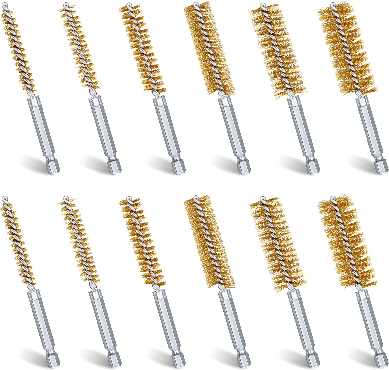 12 Pieces Bore Brush for Drill Wire Bore Brush Set Wire Cleaning Set Stainless Steel Cleaning for Power Drill Impact Driver (Brass)