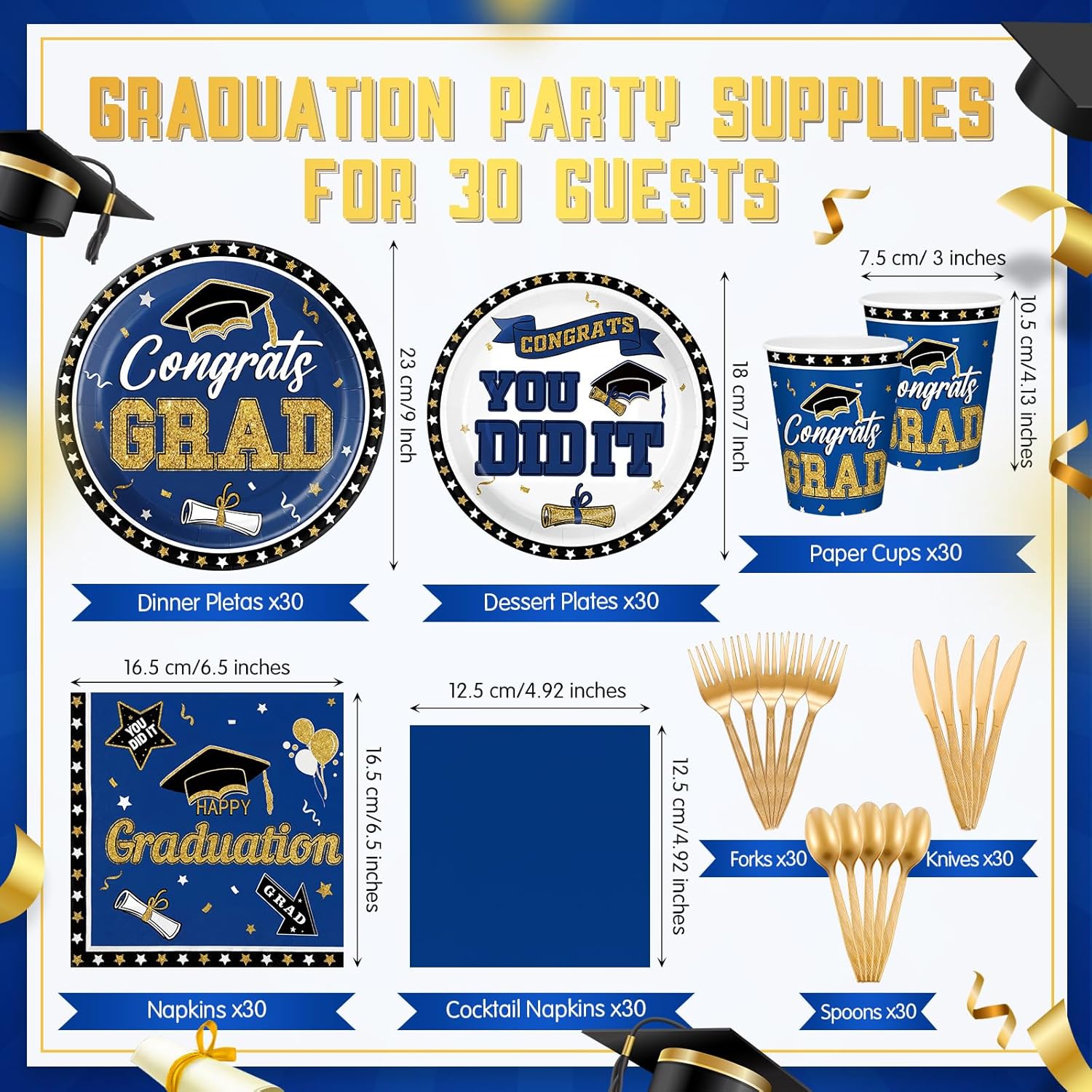 Zhehao 240 Pcs 2026 Graduation Plates and Napkins Set Serve 30, Blue and Gold Graduation Party Supplies, Class of 2026 Paper Plates and Napkins 9oz Cup Knife Fork Spoon Congrats Grad Decorations
