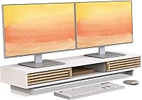 Vista 1 de Dual Monitor Stand Riser with Sliding Door, Double Computer Laptop Stand Desk Shelf Organizer with Storage (White + Natural Bamboo, 38 Inch)