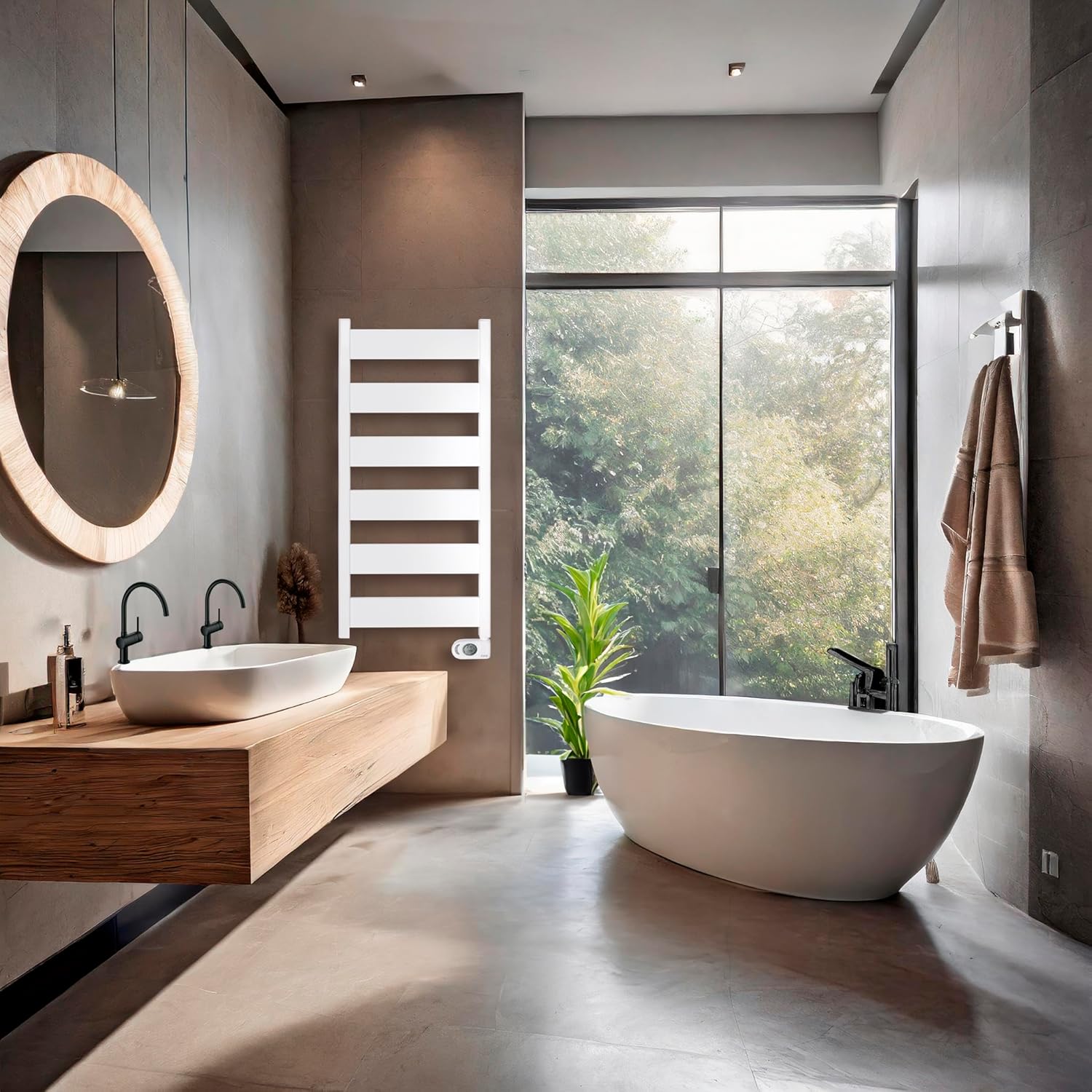 Side view of the HJM NERIS 750 Electric Towel Warmer with dimensions