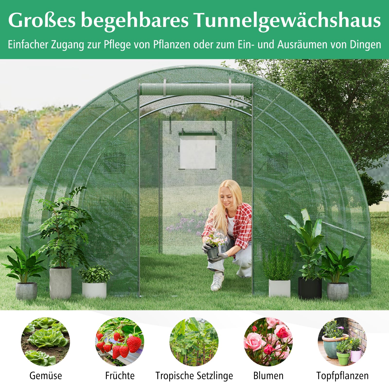 COSTWAY Szklarnia, 4 x 3 x 2 m, 12 m², szklarnia foliowa z metalowym stelażem, 6 zwijanych okien z siatki i 2 drzwiami z zamkiem błyskawicznym, do ogrodu, tunelu foliowego, na pomidory, warzywa