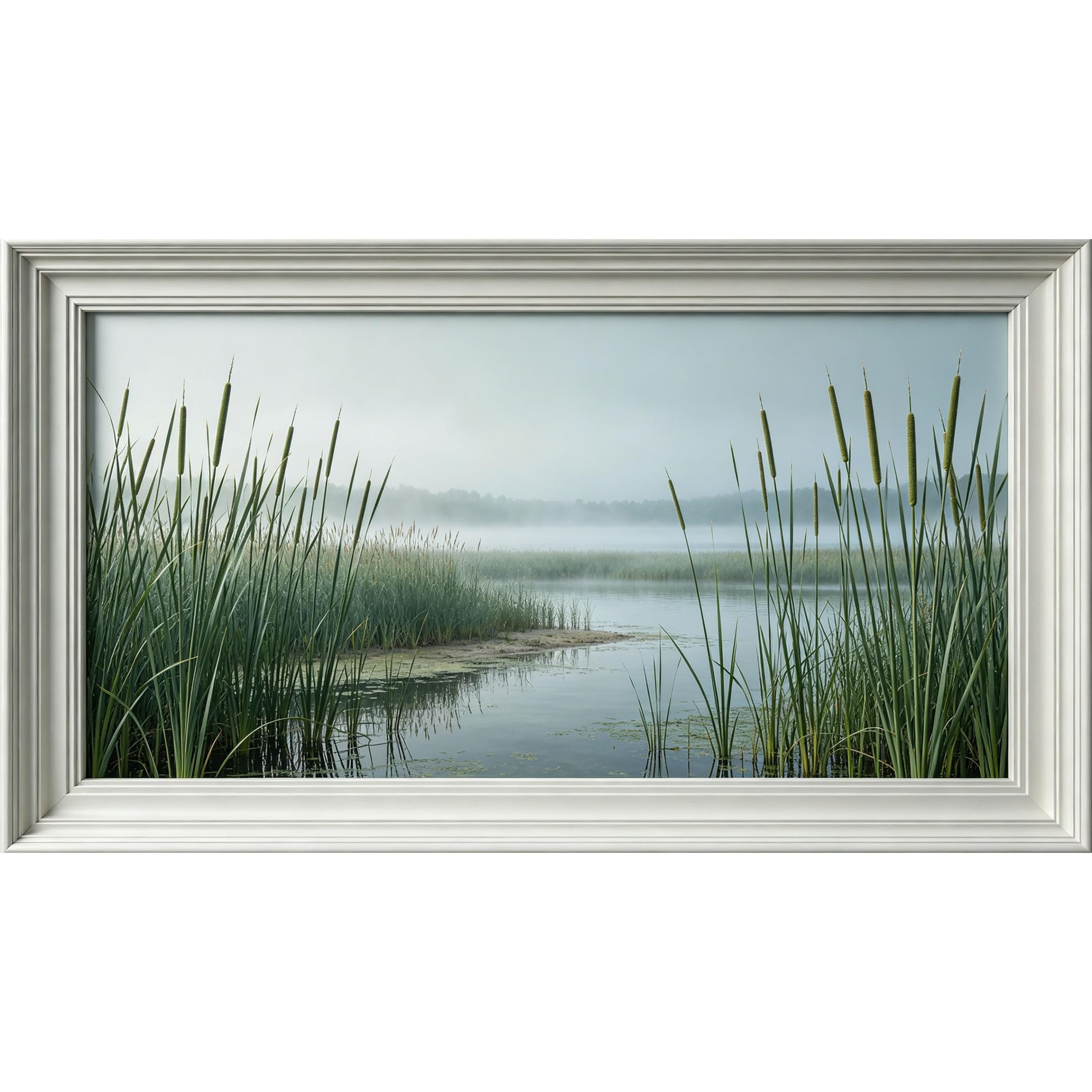 QZLITHOTIC 50×90cm3D Framed Wall Art， Misty Lake Landscape Cattail Reeds Mural， WaterActivated Peel & Stick Fabric Decor Wall Decal for Bedroom Living Room