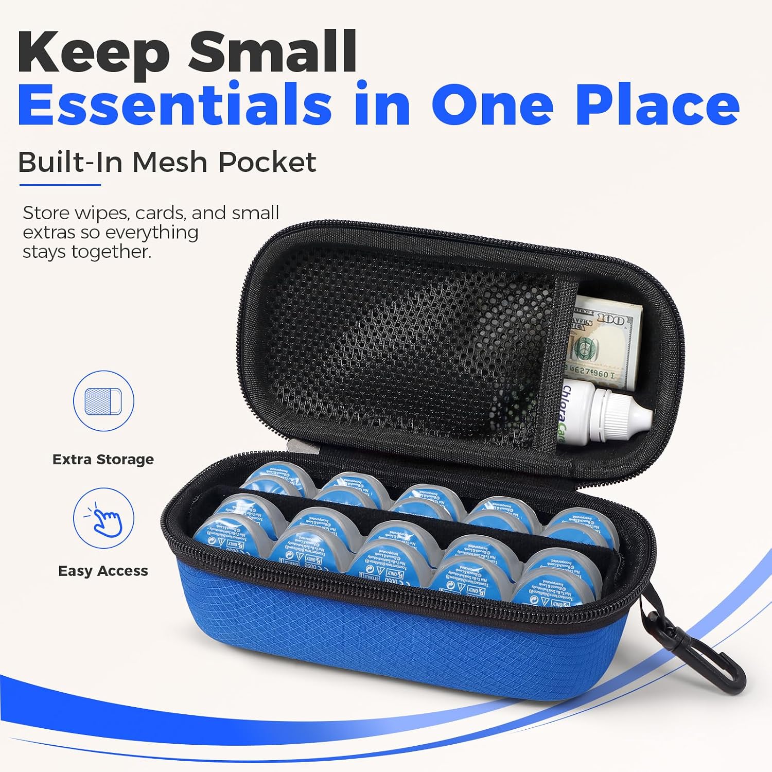 WOMACO Daily Contact Lens Case, Hard Shell Portable Contact Lens Travel Box for Disposable Daily Lenses, Left Right Separated Contact Lens Storage Organizer with Mesh Pocket (Blue, for 40 pieces)