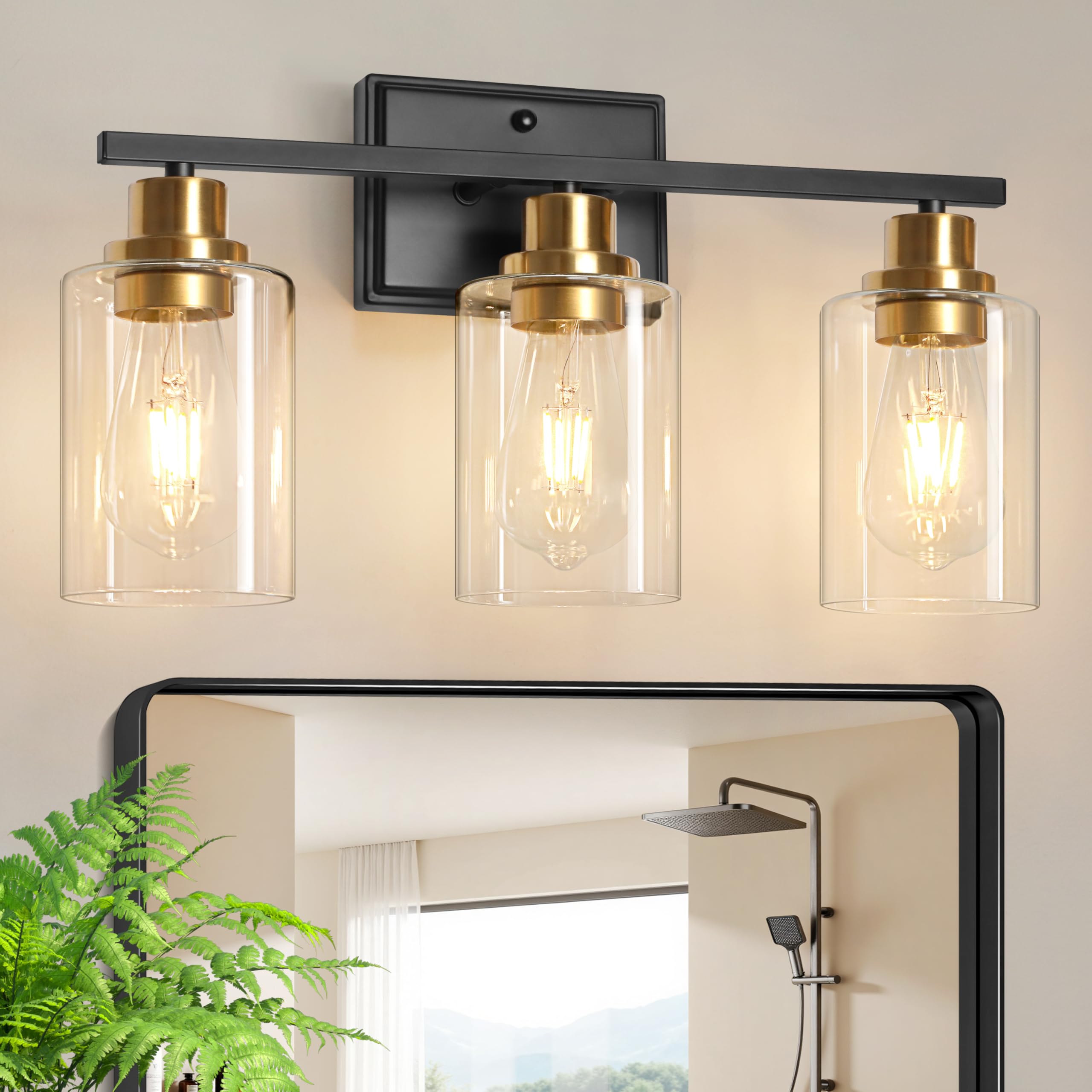 Unicozin 3 Light Bathroom Light Fixtures, Modern Vanity Lights Over Mirror, Black and Gold Wall Lamp with Clear Glass for Living Room Cabinet Bedroom Porch