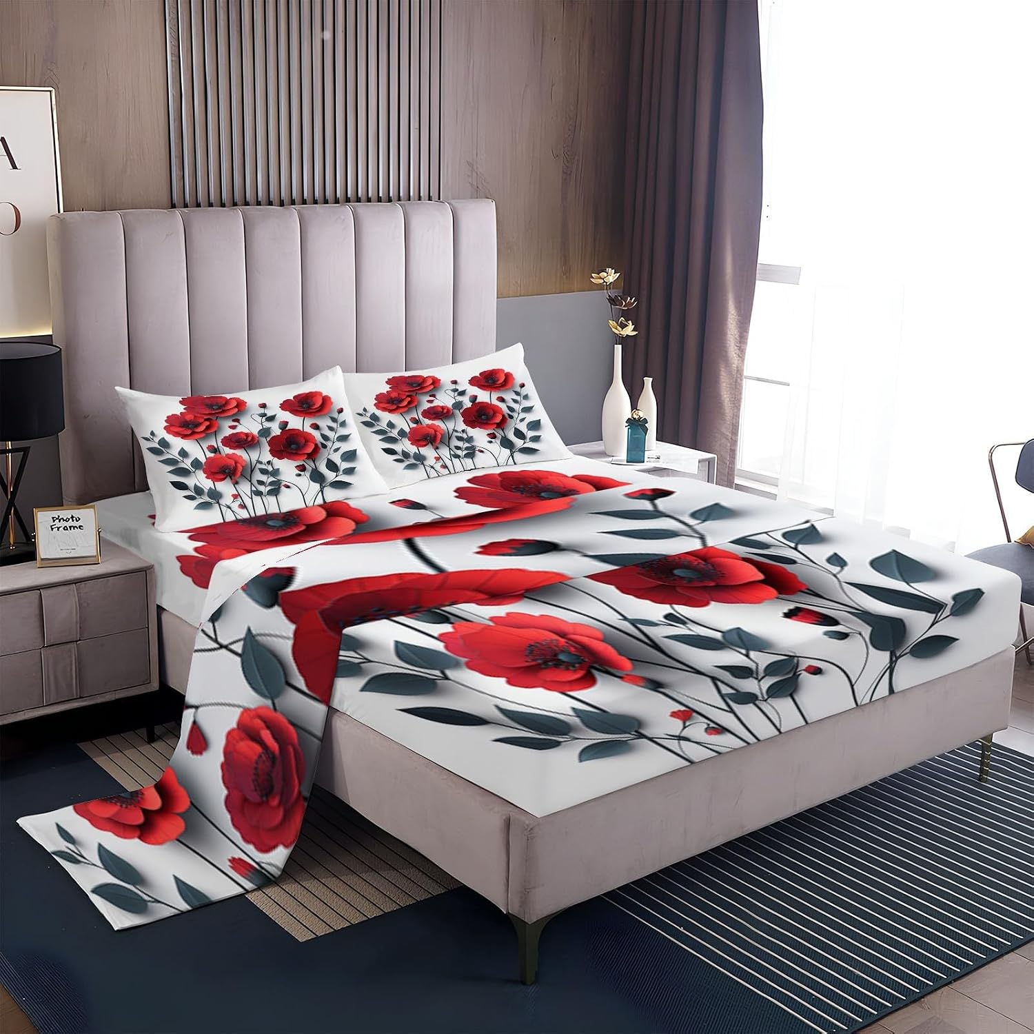 Print Fitted Sheet Set Queen Size for Kids Boys Girls, Bed Sheets Red Poppy Flower Pattern Fitted Sheet Adults Flat Sheet Soft Luxury, Home Room Decor 4Pcs