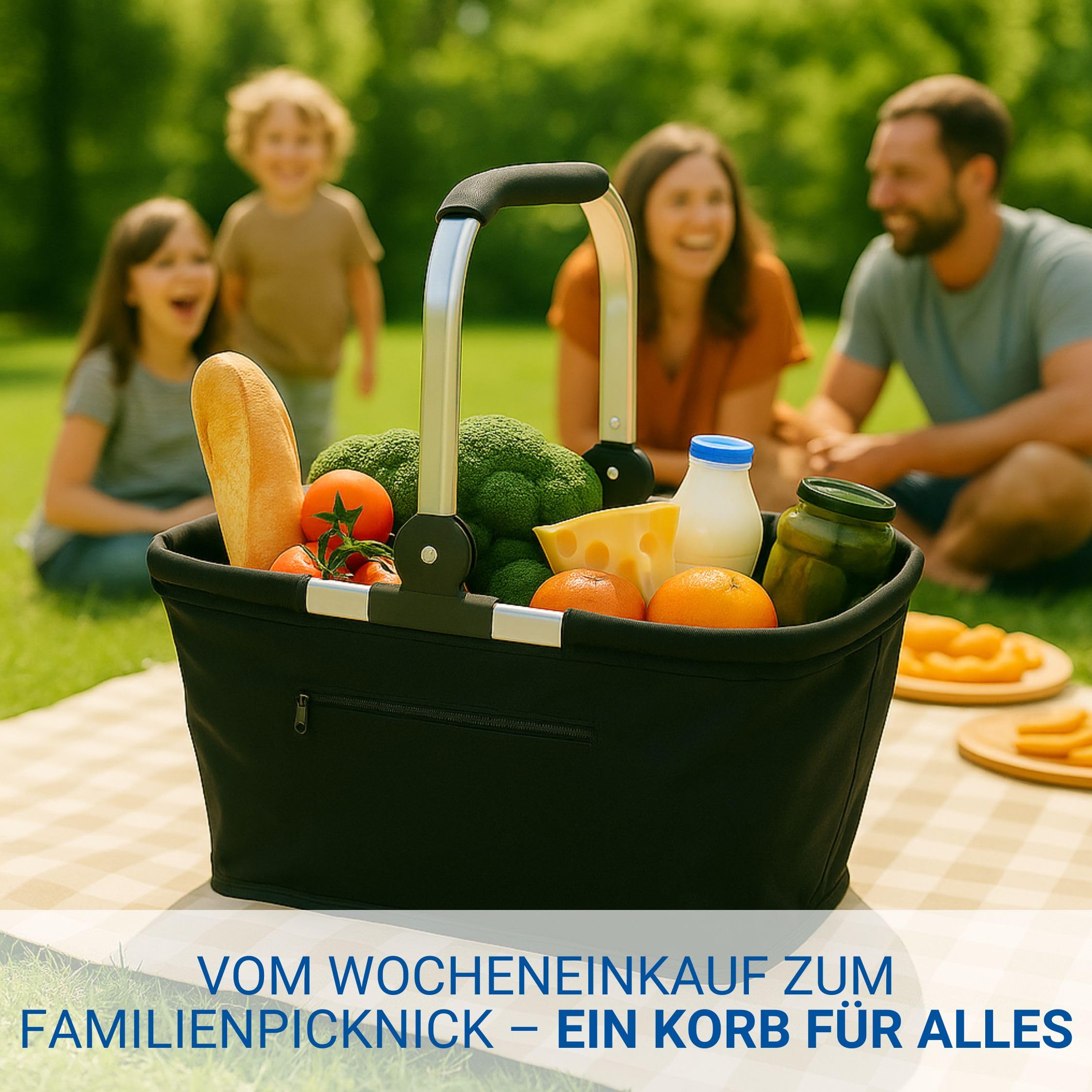 Einkaufskorb faltbar 30L mit Aluminiumrahmen - für Einkäufe und Ausflüge | 30L, faltbar, Aluminiumrahmen, Henkel, Einkaufstasche, Ausflug, Strand, stabil, platzsparend, Korb