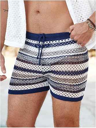 SHENHE Men's Striped Crochet Beach Shorts Bathing Suits Hollow Out Summer Swimwear Knit Trunks