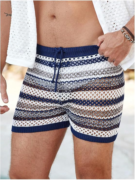 SHENHE Men's Striped Crochet Beach Shorts Bathing Suits Hollow Out Summer Swimwear Knit Trunks