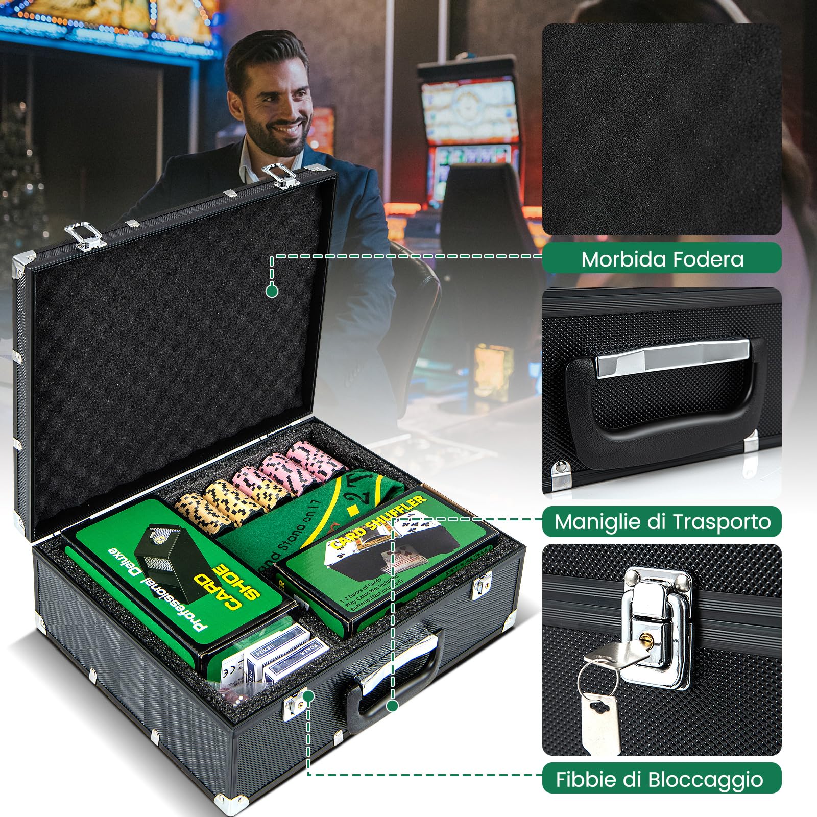 COSTWAY Set di Fiches da Poker con 300/600 Fiches, 2/6 Mazzi di Carte 5 Dadi Mescolatore Automatico di Carte e Tappeto, Scatola Portatile, Poker Chips per Party Viaggi e Feste (300 PCS)