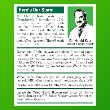 TheraBreath Fresh Breath Mouthwash, Mild Mint Flavor, Alcohol-Free, 16 Fl Oz (2-Pack)
