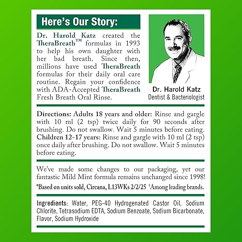 Miniatura 7 de TheraBreath Enjuague bucal Fresh Breath, menta suave, sin alcohol, 1 litro