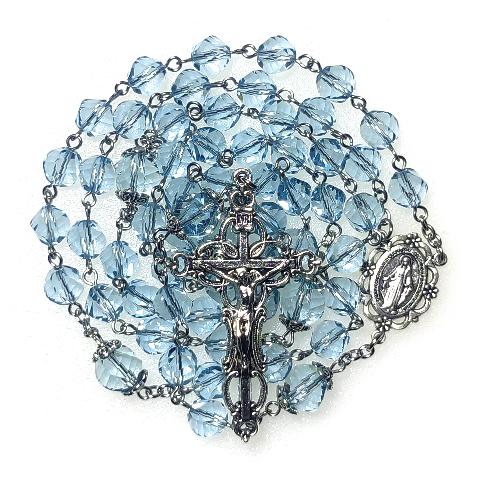 Chapelet rotatif aigue-marine en cristal, le cadeau catholique idéal pour sacrement