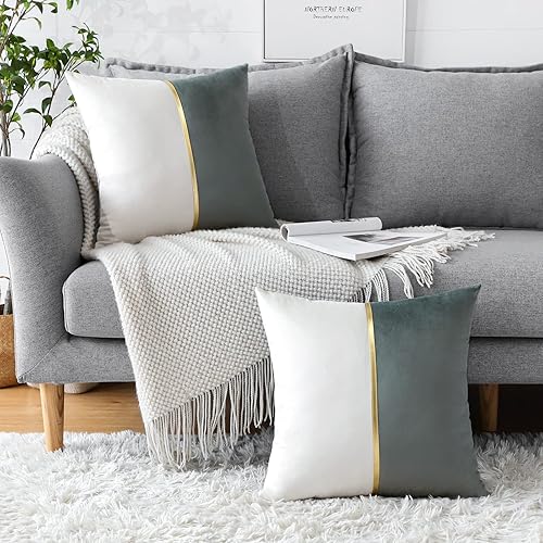 Miniatura 5 de OTOSTAR Juego de 2 fundas de almohada cuadradas de terciopelo gris y blanco con retazos de cuero dorado, modernas, minimalistas, cuadradas, para