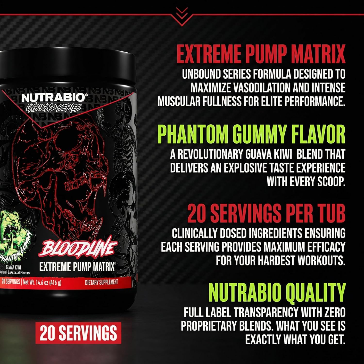 NutraBio Bloodline-Pump Pre Workout Pump Matrix- L-Citrulline, Glycerol, PeptiPump- NO Booster, Extreme Vascularity & Blood Flow,Hydration,Non Stim PreWorkout,Caffeine Free-Phantom Gummy-20 Servings