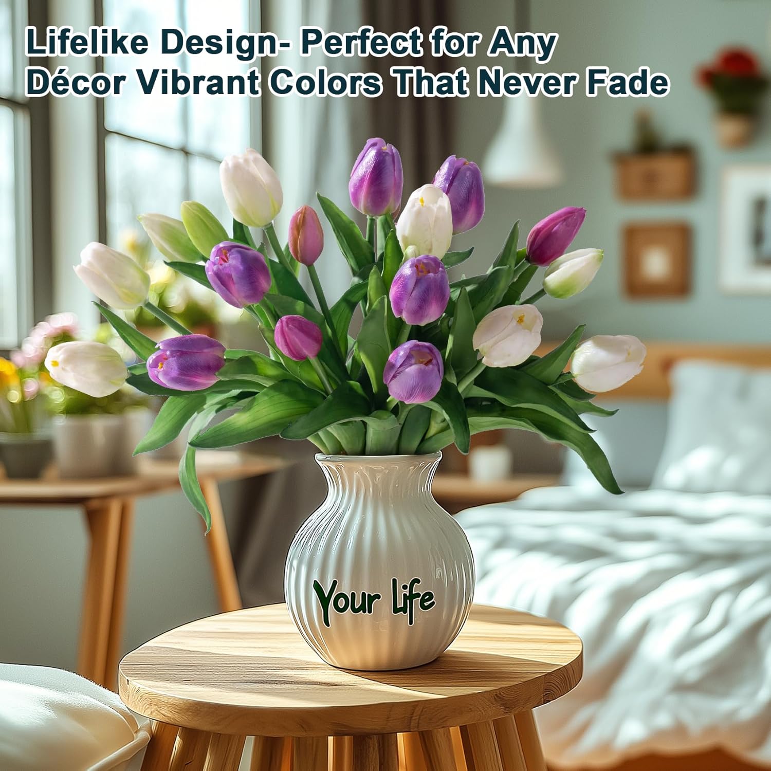 20PCS Fake Tulips 12' Artificial Tulip Silk Flowers Fake PU Bouquet Artificial Flowers Faux Flowers with Gift Box Soft Faux Tulips Bouquets Arrangements for Party Wedding Home - Image 3