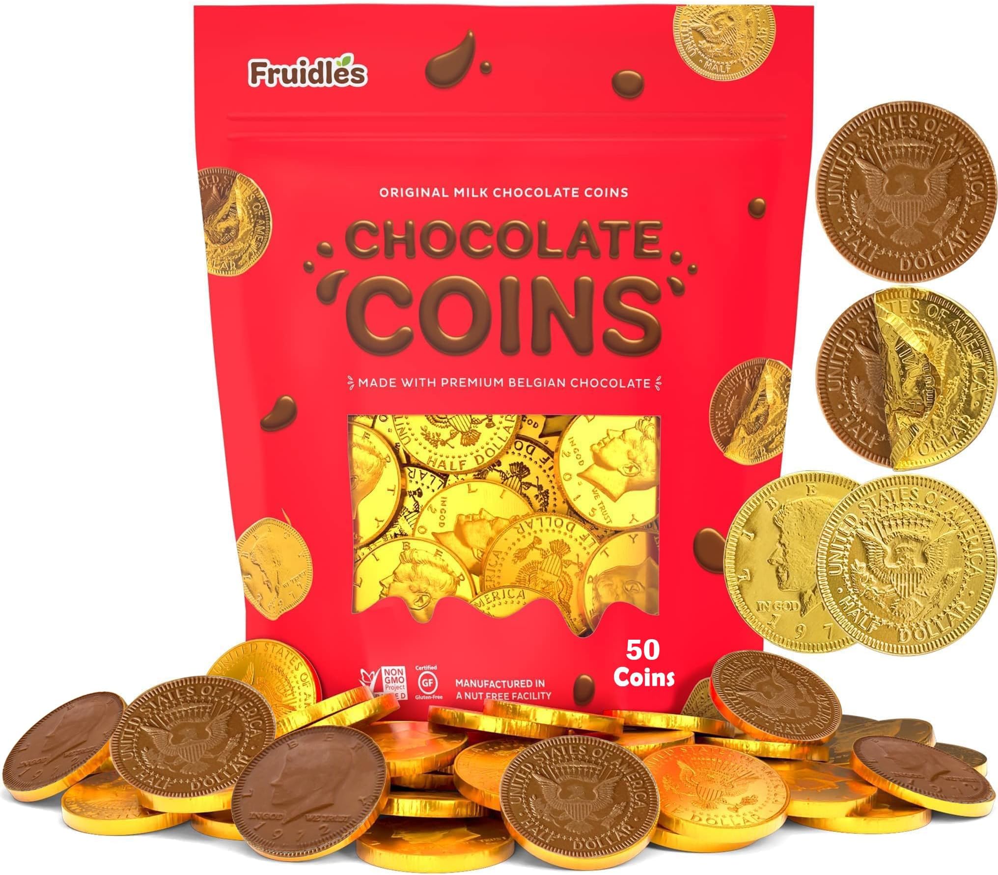 Fruidles 50-Pack Milk Chocolate Coins, Gold Half Dollar, Made with Premium Belgian Ingredients, Nut-Free, Non-GMO, Kosher Dairy