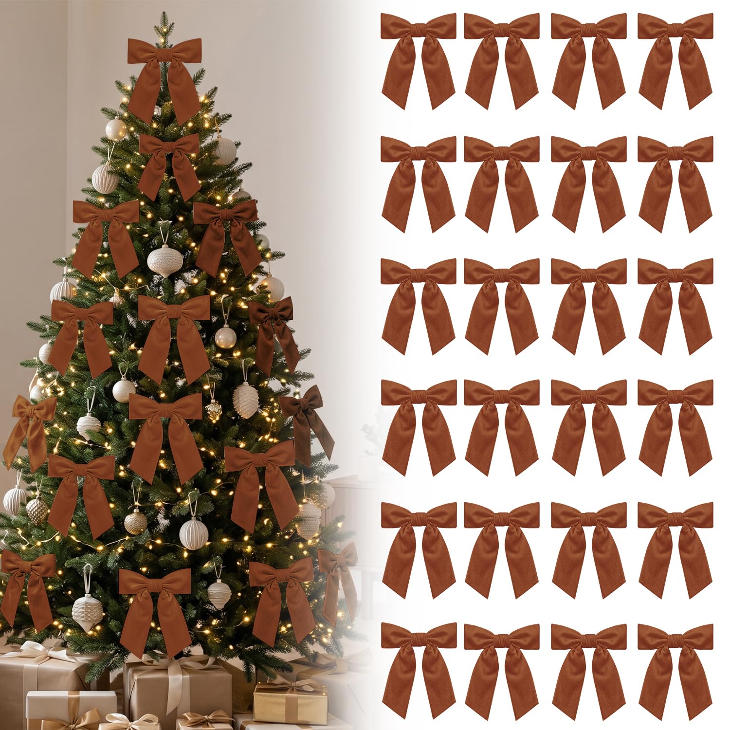 HIVTE 24-Pack Velvet Gift Bows, 4.7” Brown Pretied Bows with Twist Ties for Christmas Tree, Wreath, Garland and Present Wrapping