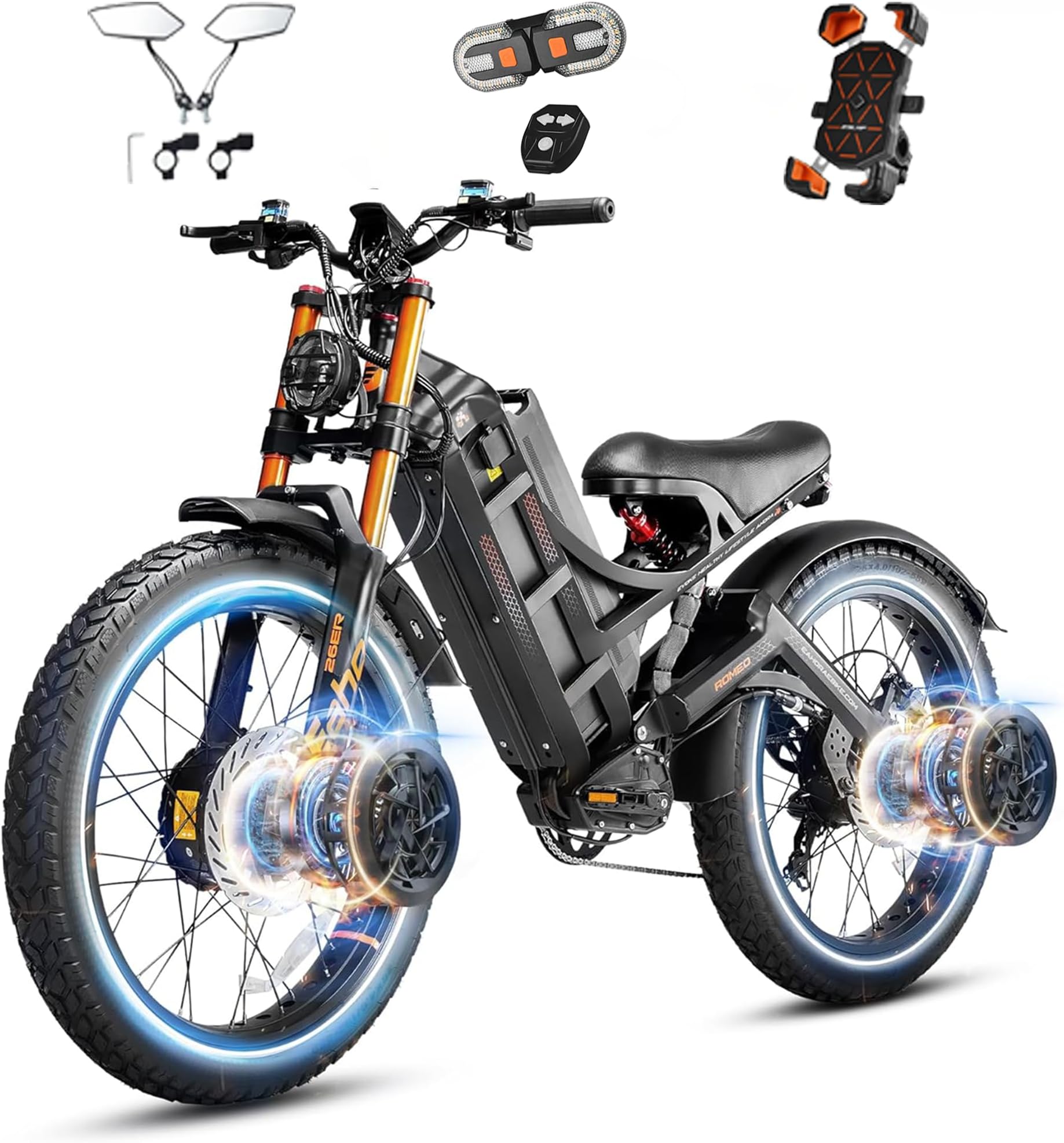 eAhora 2026 Romeo Pro 3 6000W 52Mph High-Torque Ebike, 60V 80Ah 300 Mile Long Range Electric Bike for Adults, Adjustable Air Suspension, 26'' Puncture-Proof Tire, UL 2849 Certified by TÜV