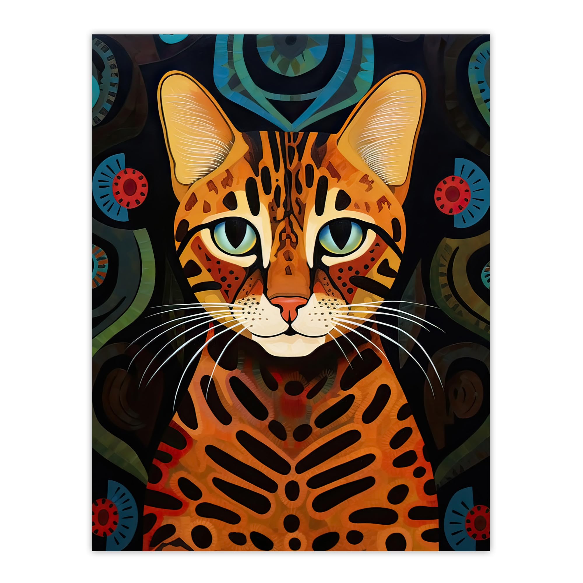 Artery8 Mischievous Bengal Cat Orange Blue Green Oil Painting with Abstract Botanical Patterns Unframed Wall Art Print Poster Home Decor Premium