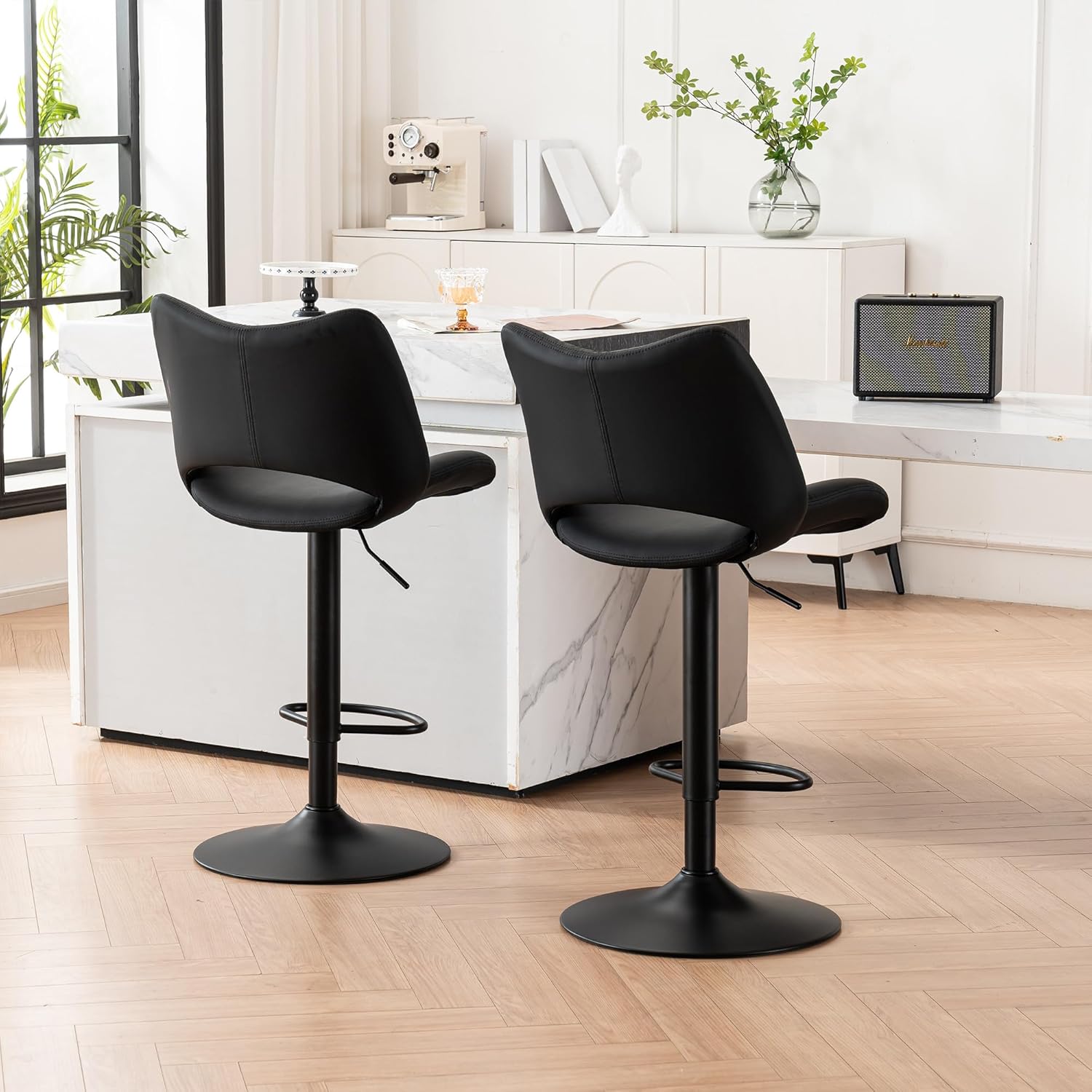 YOUNIKE Modern Bar Stools Set of 2, Black PU Leather Upholstered Barstools, Swivel Adjustable Armless Counter Stool, Ergonomic Hollow Mid Backrest Bar Chair for Kitchen Island, Home Bar Counter