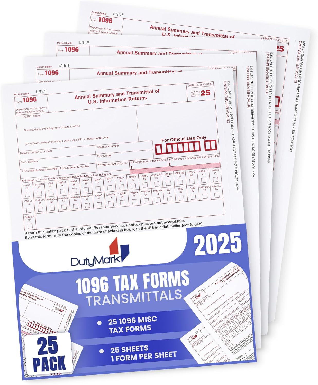 1096 Transmittal Tax Forms 2025, 25 Pack of 1096 Summary Laser Tax Forms, Compatible with QuickBooks and Accounting Software, Use for 1099 NEC, MISC, INT, and Other 1099 Forms