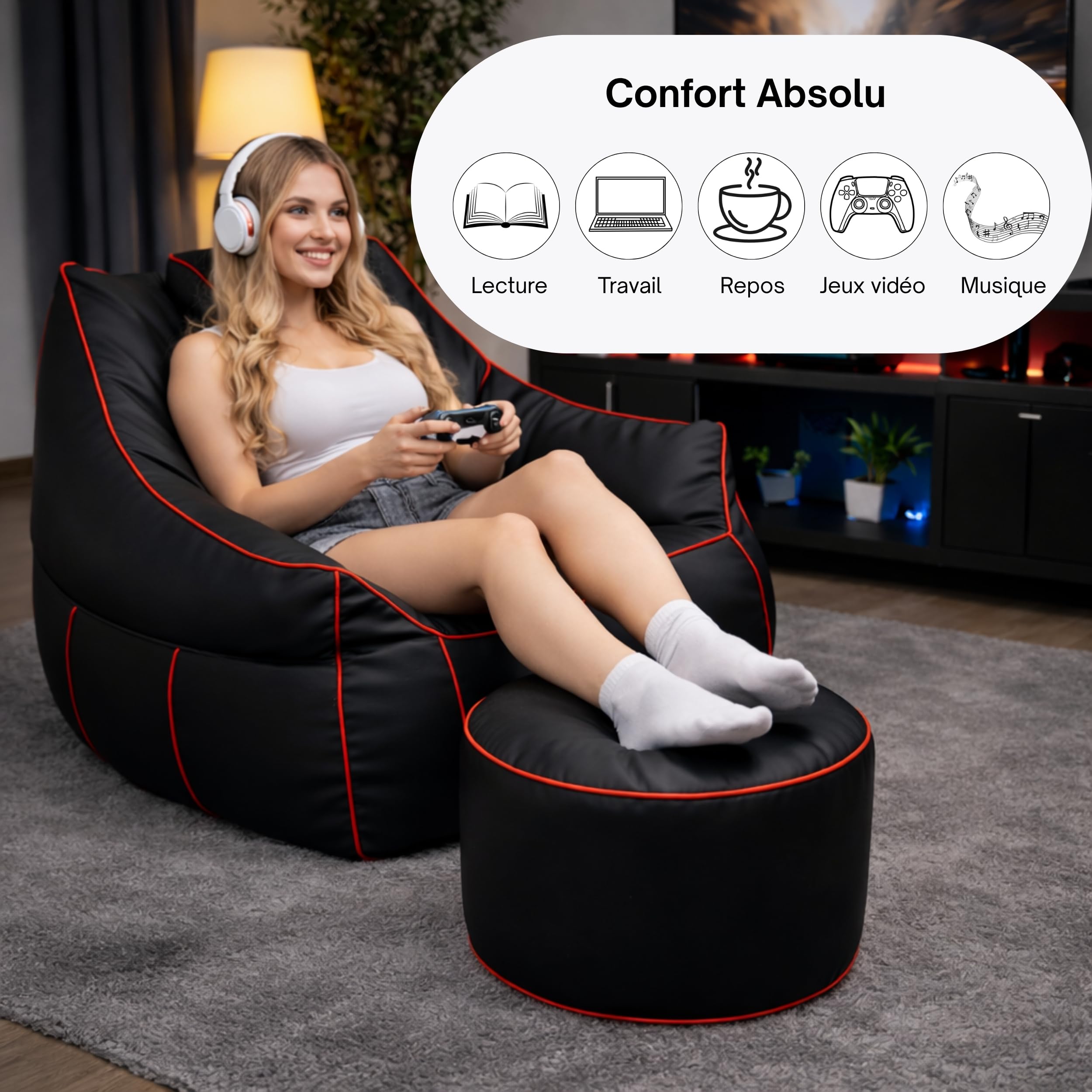 Bananair - Repose-Pieds Gaming en Mousse - Tabouret pour Reposer Les Jambes - Léger et Stable - Design Simili Cuir - Idéal Canapé, Fauteuil & Setup Gaming (30x55 cm, Rouge)