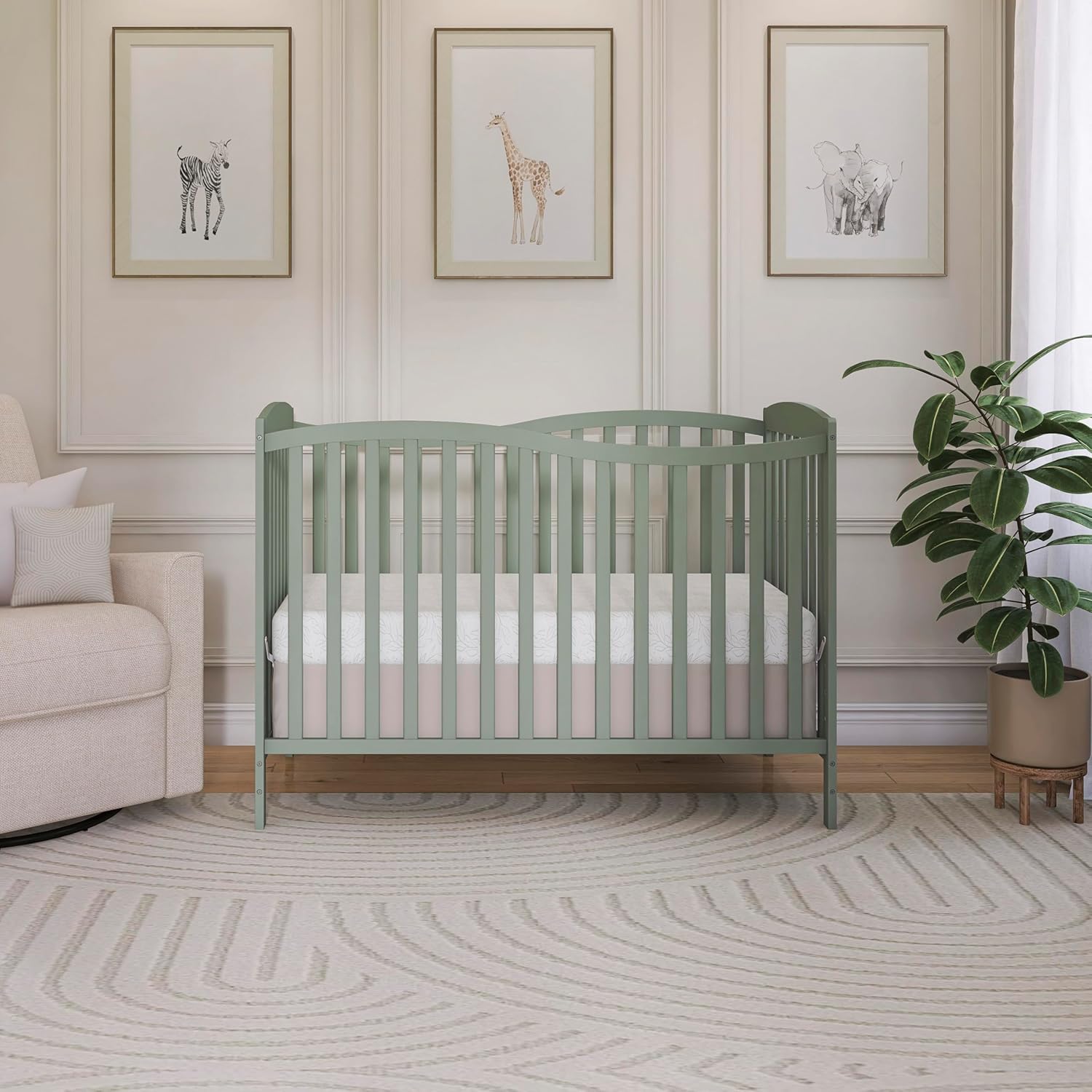 dream on me chelsea 5-in-1 convertible full-size baby crib in meadow green, greenguard gold & bsa, pinewood, 4 mattress heights, converts to toddler, day & full-size bed, modern classic nursery meadow green 53"l x 29"w x 38"h crib (bsa certified)