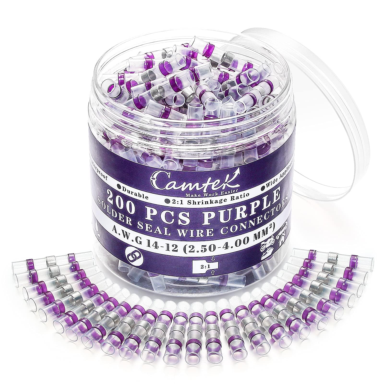 Camtek 200PCS Purple Solder Seal Wire Connectors 14-12 AWG, Marine Grade Self Soldering Heat Shrink Wire Connectors Waterproof Insulated Electrical