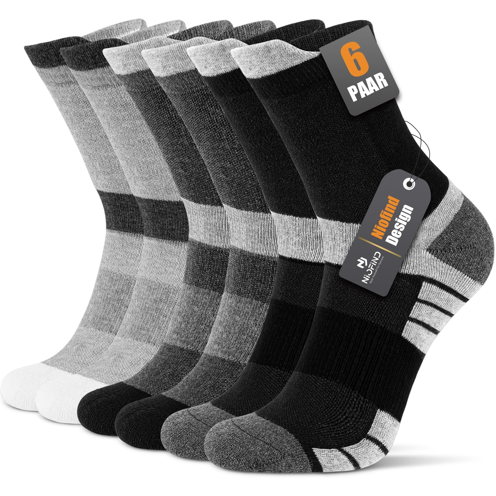 Niofind Socken Herren Damen 43-46 37-42, 6 Paar Baumwolle Sportsocken, Wandersocken, Arbeitssocken, Atmungsaktiv Tennissocken, Laufsocken, Elastische Sneaker Socken Herren mit Dicke Frotteesohle