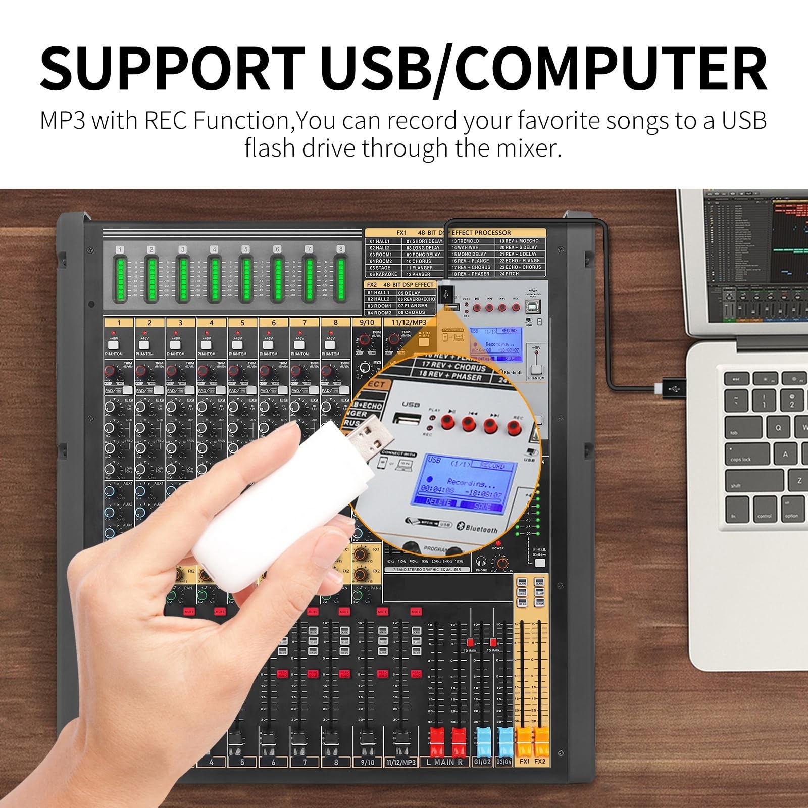 Mixer Audio, Mixer a 24 canali, Effetti DSP e Doppia Console di missaggio for regolazioni EQ a 7 Bande per Studio di Karaoke, Streaming e Registrazione