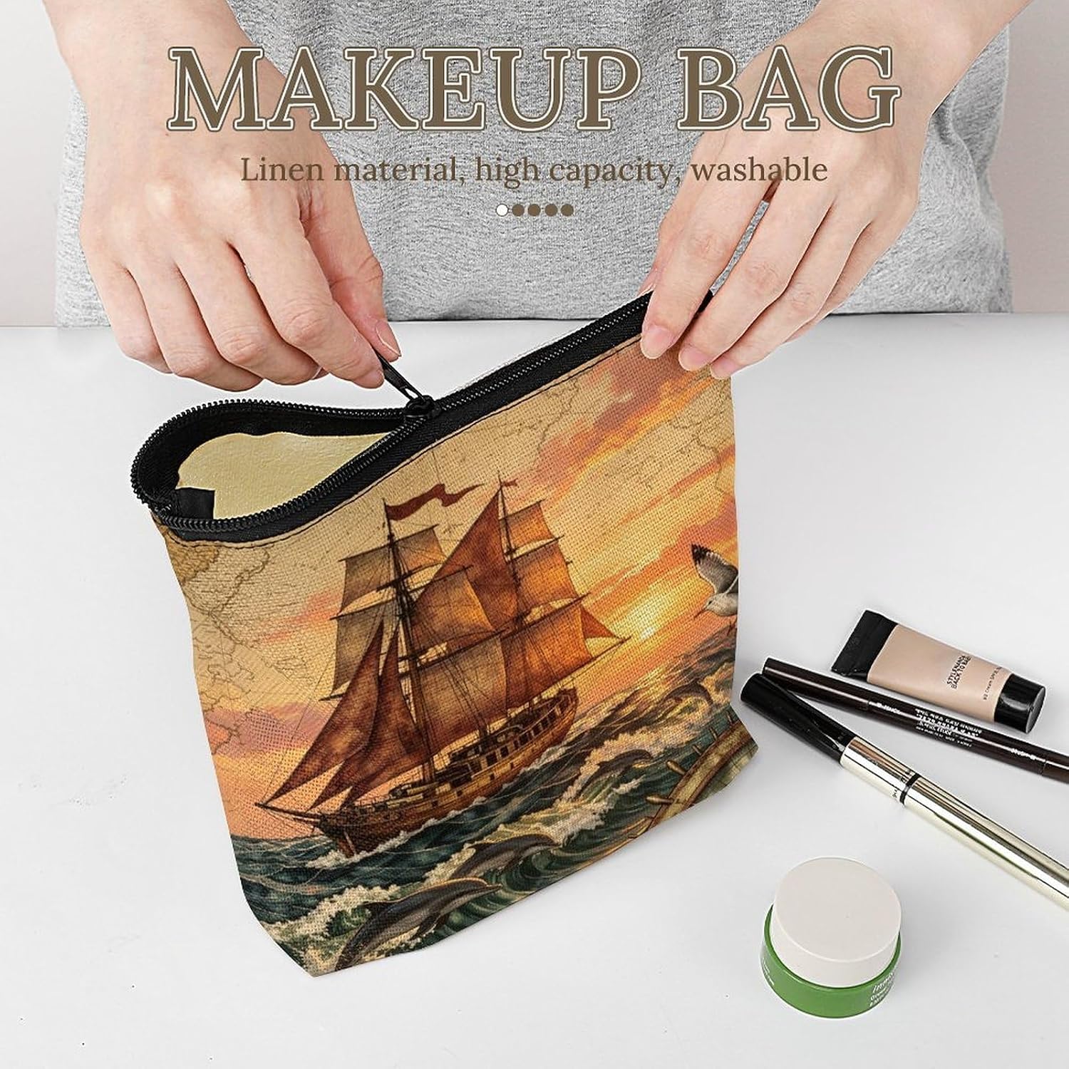 Sunset Dolphin Sailboat Makeup Bag Cosmetic Pouch Toiletry Bag image 5
