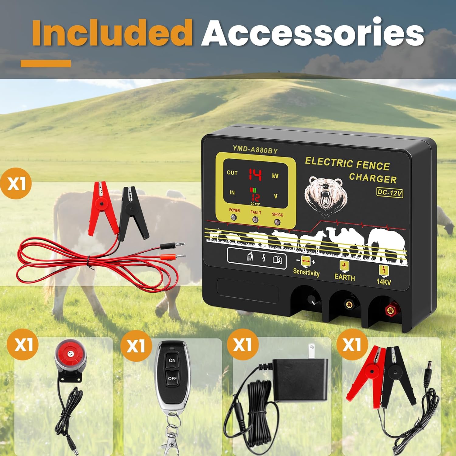 16.5 Joule Electric Fence Charger, 16.5 Joule Stored / 15.5 Joule Output Electric Fence Energizer, 14KV Output Voltage, Range 62 Miles, Dual Power 12V DC / 100-240V AC, with Alarm