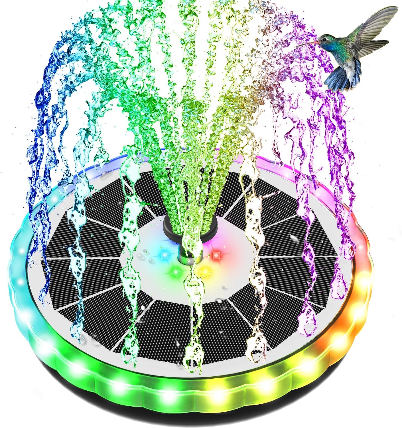 SZMP Solar Fountain, Upgrade 4W Solar Bird Bath Pump with 4000mAh Battery, Color LED Lights, Outdoor Solar Powered Water Fountain Pump with 7 Nozzles and 4 Fixers for Garden (Multi-Color)