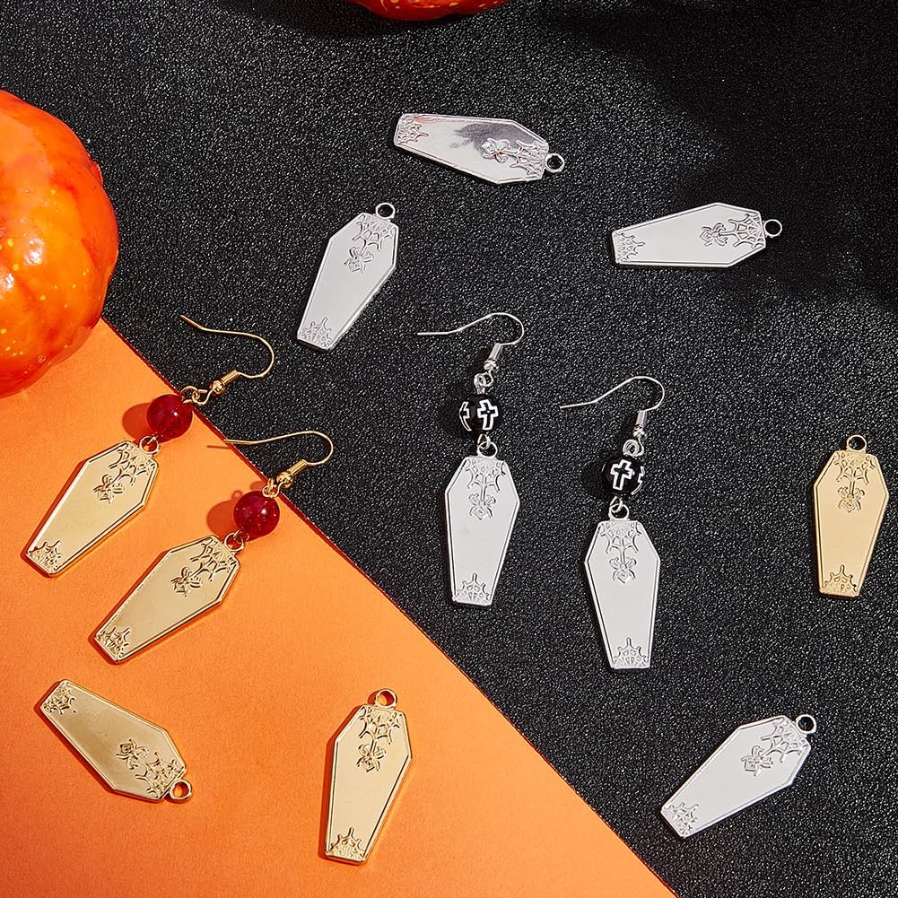 Beebeecraft 1 Box 12Pcs Halloween Theme Charm 304 Stainless Steel Coffin Shape Spider Charms for DIY Jewelry Making (Gold, Silver)