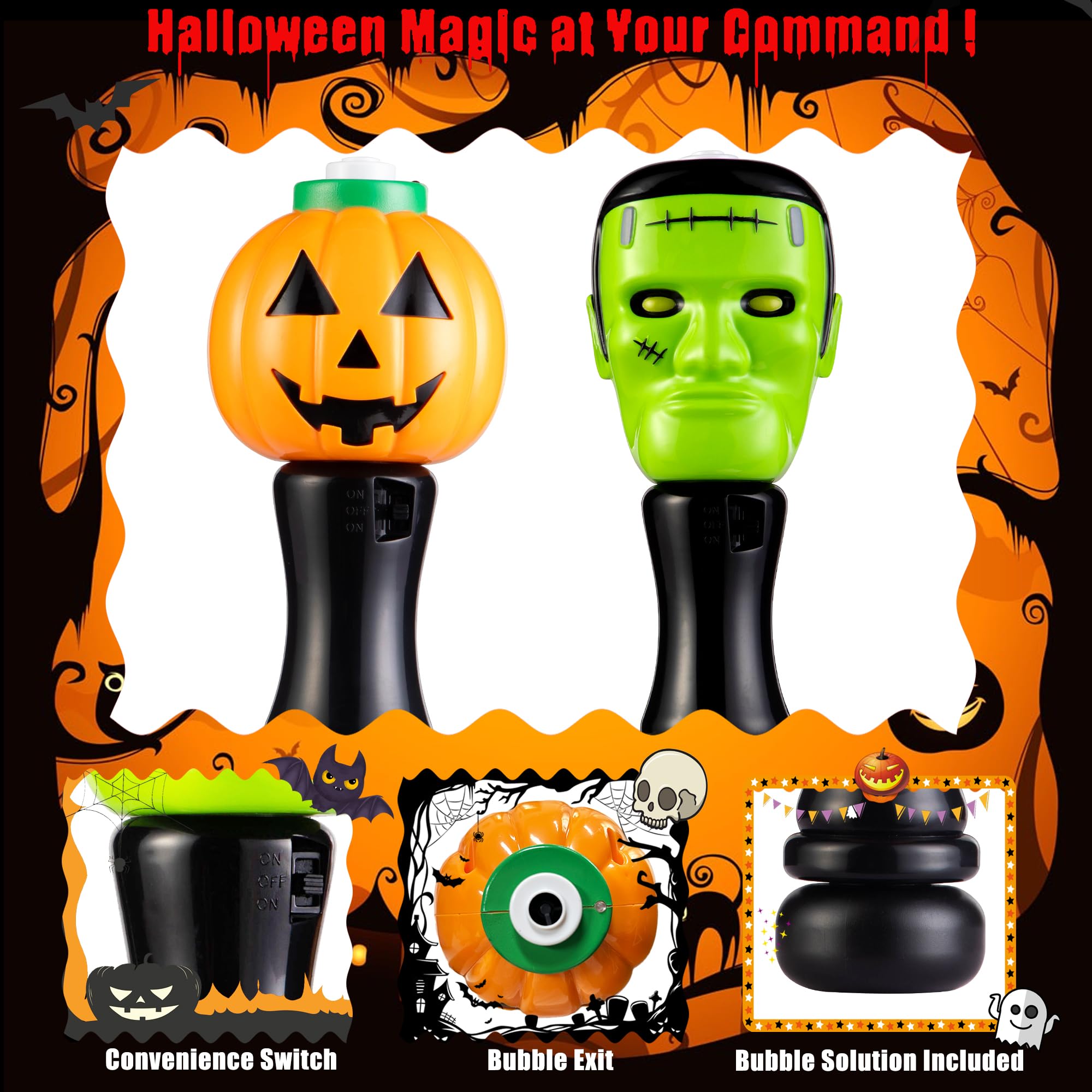 2 PCS Halloween Bubble Wand Toys Gifts for Kids, Light Up Pumpkin and Science Freak Blower Wand with Thrilling LED & Bubble Fluid